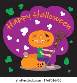 Black children's Halloween card with colorful elements.A child sits on pumpkins in a Jack Lantern costume with a broom in his hands.Top orange text Happy Halloween.prepared for animation.