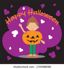 Carte d'Halloween pour enfants noirs avec éléments violets. Un enfant en costume de citrouille agite sa main. Texte orange en haut Joyeux Halloween. Illustration vectorielle à plat, en couches. Chaque calque et chaque groupe sont nommés.