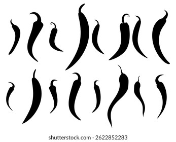 Black chili pepper silhouettes set. Collection of spicy capsicum shapes. Isolated on white background. Perfect for food design, packaging, labels, covers, banners. Vector illustration