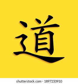 Black Chinese calligraphy, translation Dao, Tao, Taoism icon isolated on yellow background. Long shadow style. Vector.