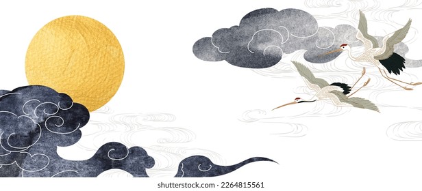 Decoración de nubes chinas negras con textura dorada de color de sol y luna en estilo vintage. Resumen del paisaje artístico con aves grúas con elementos de onda dibujados a mano