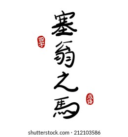 Black Chinese hieroglyphs isolated on white meaning 'Inscrutable are the ways of Heaven (An evil may sometimes turn out a blessing in disguise)' with stamps meaning 'Proverb', 'Composing'.