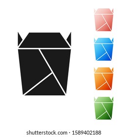 Black Chinese restaurant opened take out box filled icon isolated on white background. Take away food. Set icons colorful. Vector Illustration