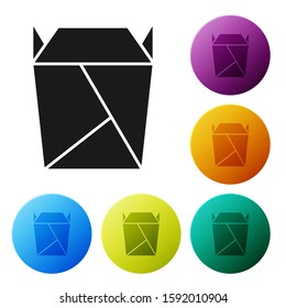 Black Chinese restaurant opened take out box filled icon isolated on white background. Take away food. Set icons colorful circle buttons. Vector Illustration
