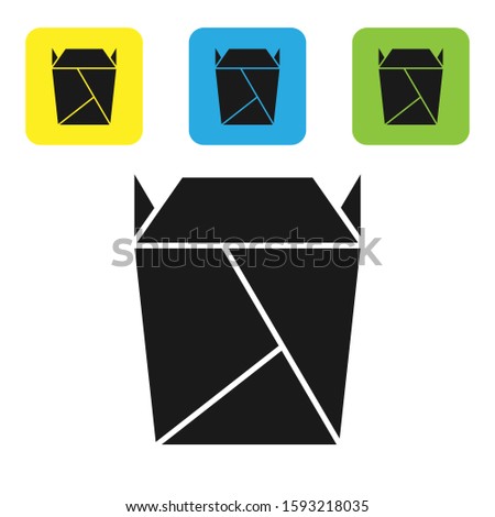 Black Chinese restaurant opened take out box filled icon isolated on white background. Take away food. Set icons colorful square buttons. Vector Illustration