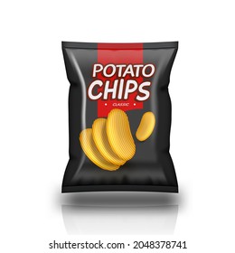 Bolsa De Paquete De Chips Negras Con Etiqueta Aislada En Fondo Blanco. Vector EPS10