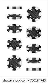 Black chips views cartoon style isolated. The blue chips are at different angles around its axis for designers and illustrators. Rotation of bets in the form of a vector illustration