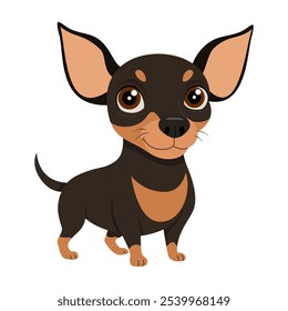 Cão chiweenie preto ou chihuahua, mini pinscher. O cachorro está em pé. Estilo plano desenhado à mão isolado. Ilustração vetorial