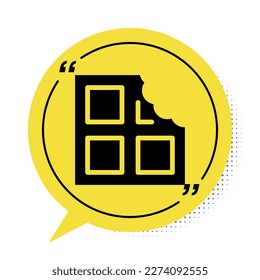Black Chocolate bar icon isolated on white background. Yellow speech bubble symbol. Vector