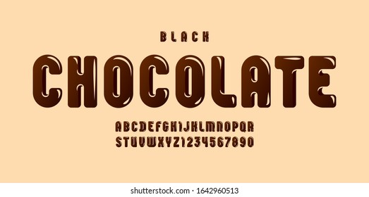 Black Chocolate glossy font, brown alphabet in the cartoon style, tasty rounded letters from A to Z and numbers from 0 to 9 for you designs, vector illustration 10EPS