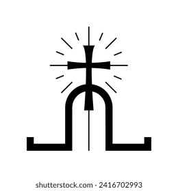 Black christian church cross with light ray icon flat vector design