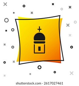 Black Christian church tower icon isolated on white background. Religion of church. Yellow square button. Vector