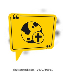 Black Christian cross with globe Earth icon isolated on white background. World religion day. Yellow speech bubble symbol. Vector