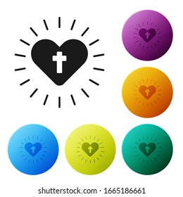 Black Christian cross and heart icon isolated on white background. Happy Easter. Set icons in color circle buttons. Vector Illustration