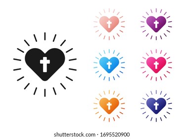 Black Christian cross and heart icon isolated on white background. Happy Easter. Set icons colorful. Vector Illustration