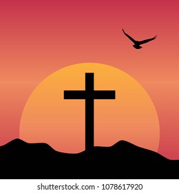 Black christian cross icon. Abstract line christian cross