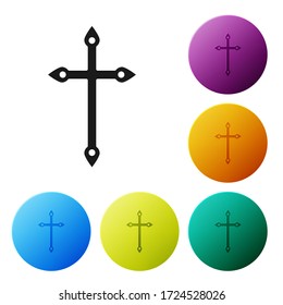 Black Christian cross icon isolated on white background. Church cross. Set icons in color circle buttons. Vector Illustration