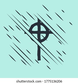 Black Christian cross icon isolated on green background. Church cross. Glitch style. Vector Illustration