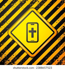 Black Christian cross on mobile phone icon isolated on yellow background. Church cross. Warning sign. Vector