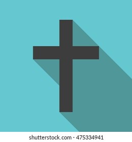 Black Christian cross on turquoise blue background with long shadow. Christianity, religion and faith concept. Flat design. EPS 8 vector illustration, no transparency