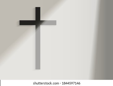 Black Christian Cross on the white wall background with window light and shadow. vector illustration.