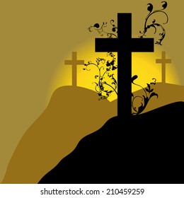 black christian cross and plant on sunrise background