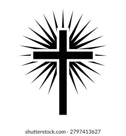 Black Christian Cross With Sunburst Rays Vector Icon. Religious Symbol Of Faith, Hope And Resurrection. Church Graphic Element For Easter, Baptism And Memorial Isolated On White Background.