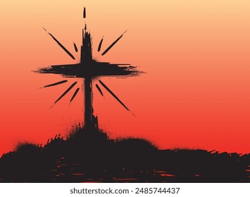 Black Christian cross symbol standing over splattered and splattered paint on orange background