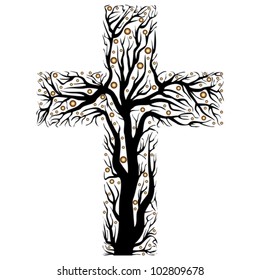 black christian cross, tree shape  on a white background - vector illustration