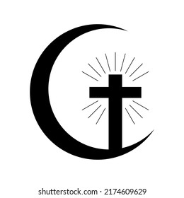 Black Christian Crucifix Cross With Light Ray On Crescent Moon Boho Flat Vector Icon Design.