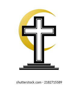 Black christian crucifix cross religion on altar with golden yellow crescent moon boho flat vector icon design.