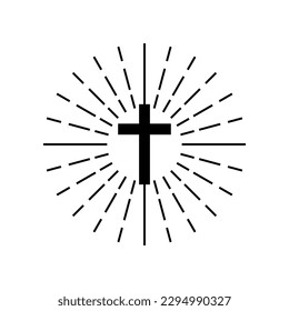 Black christian crucifix cross religion with light ray boho tattoo on white background flat vector icon design.
