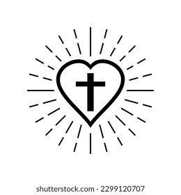 Crucifijo cristiano negro cruza la religión en el corazón con tatuaje boho de rayos claros sobre fondo blanco diseño de icono de vector plano.	