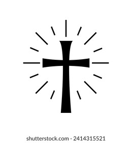 Black christian crucifix cross religion with light ray boho flat vector icon design