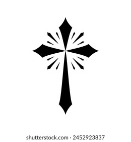 Black christian crucifix cross religion with light rays flat vector icon design