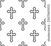 Black christian outline crosses on white background. Vector seamless pattern.