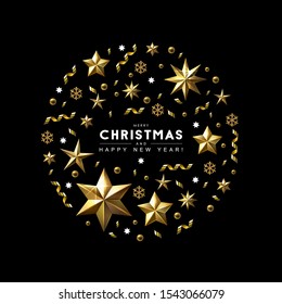  Black Christmas Background with Frame made of Gold Metallic Stars,  Beads and Confetti. Chic Christmas Greeting Card.