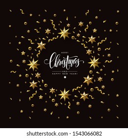  Black Christmas Background with Frame made of Gold Metallic Stars,  Beads and Confetti. Chic Christmas Greeting Card.