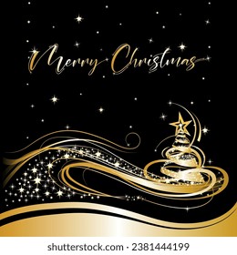 Black Christmas background with gold ribbon. Stars and the inscription Merry Christmas. Suitable for banner, card, packaging, t-shirt design, invitation, greeting, poster