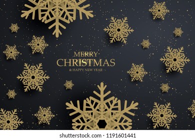Black christmas background with golden snowflakes. Vector illustration