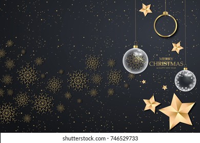 Black christmas background with golden snowflakes. Festive Christmas background with balls, stars.