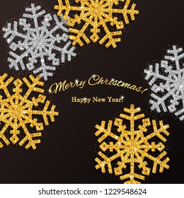 Black Christmas background with shining gold and silver snowflakes.