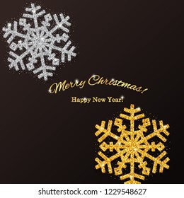 Black Christmas background with shining gold and silver snowflakes.