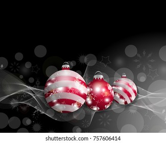 Black Christmas background with three Christmas balls. Decorative red baubles for holiday design. Vector illustration.