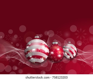 Black Christmas background with three Christmas balls. Decorative red baubles for holiday design. Vector illustration.