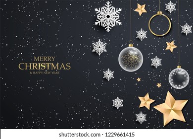 Fondo de Navidad negro con copos de nieve blancos. Fondo navideño festivo con brillantes pelotas de oro, estrellas. Ilustración del vector