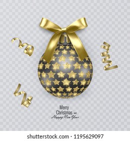 Black, Christmas ball decorated with a realistic gold bow and a shiny and glittering stars, gold ornament. Vector illustration