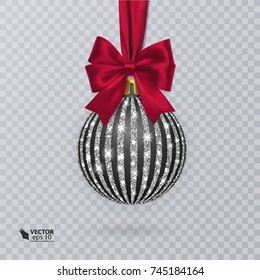 Black, Christmas ball decorated with a realistic red bow and a shiny, silver ornament. Vector illustration