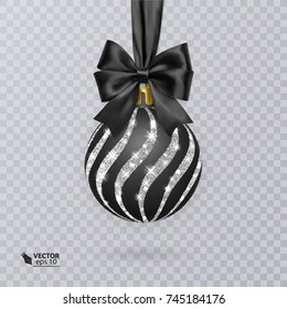 Black, Christmas ball decorated with a realistic black bow and a shiny, silver ornament. Vector illustration