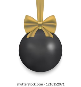 Black Christmas ball with ribbon and a bow, isolated on white background. Vector illustration.